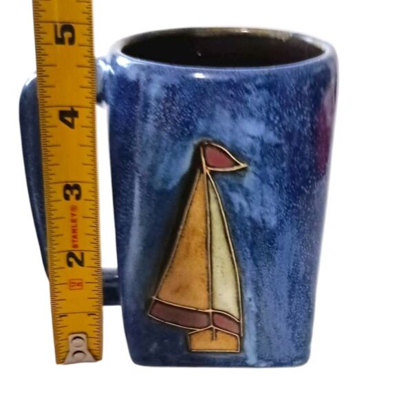 2 Mara Mexico Sailboat Mugs Cups Handmade Pottery Coastal Beach House Nautical - Picture 2 of 16